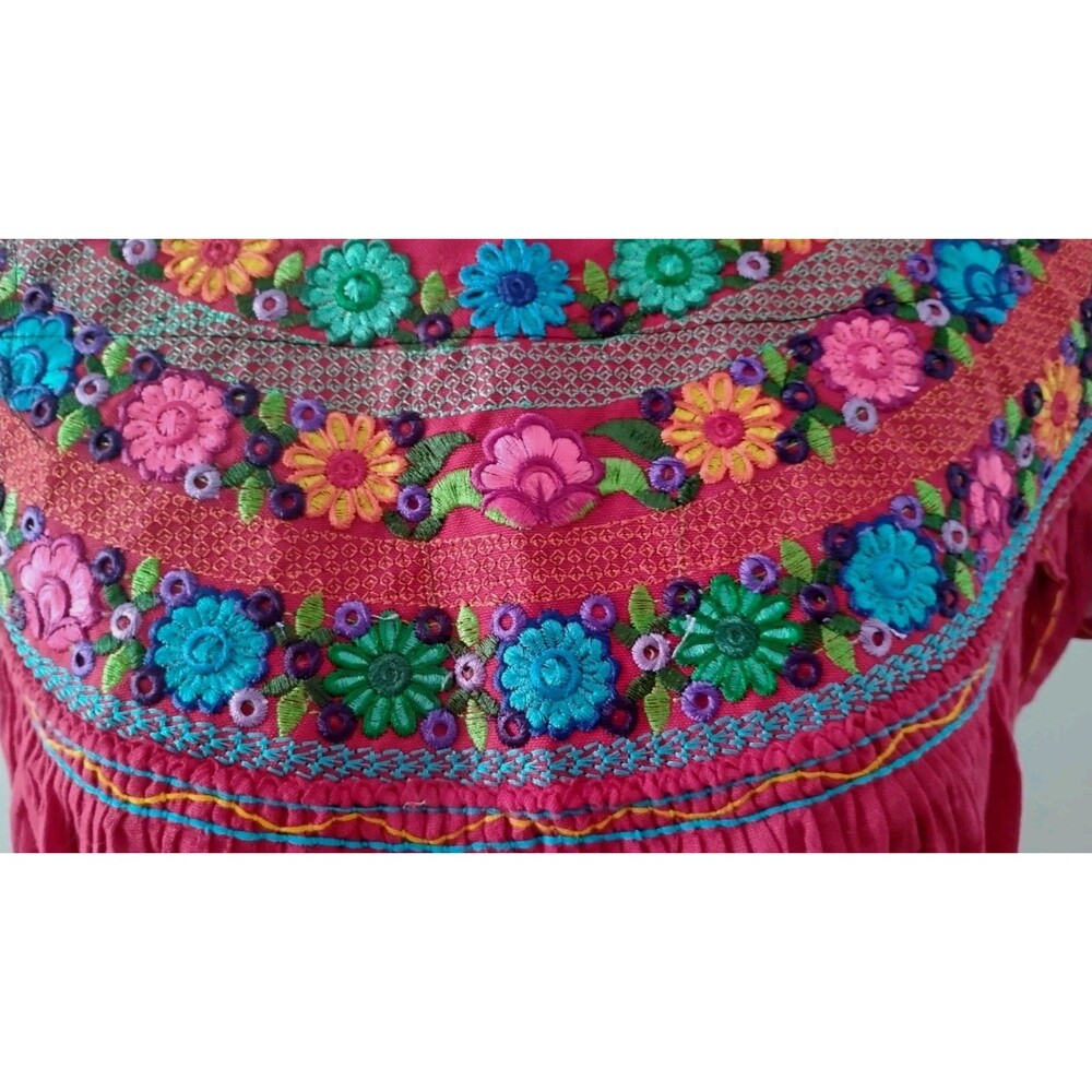 Red Embroidered Dress Women's Boho Peasant Oaxaca Huipil Floral Mini Sz S - Picture 3 of 9